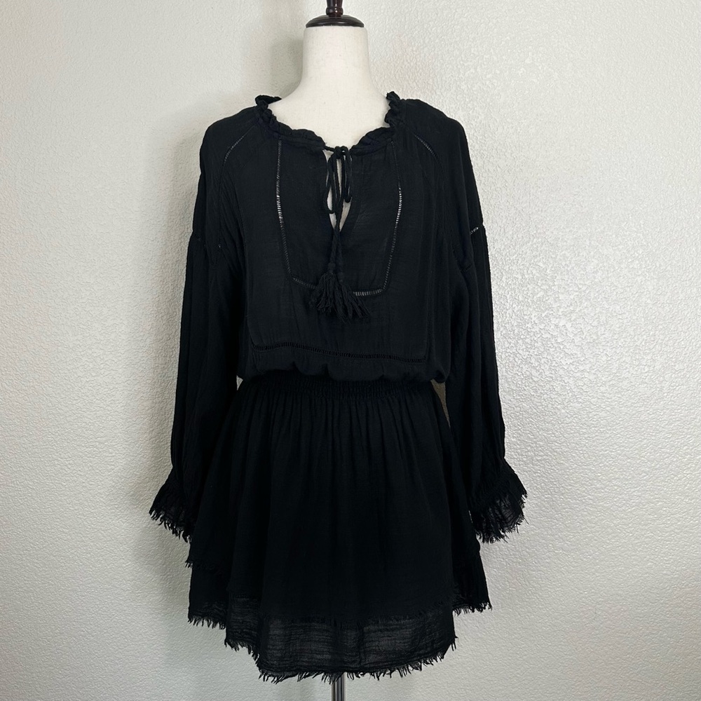 Pearl & Caviar Linen Blend Black Gauzy Raw-Hem Long Sleeves Dress, Size S-M